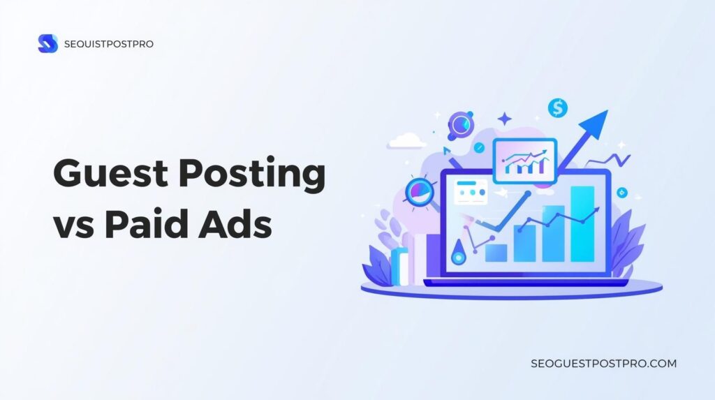 Guest Posting vs Paid Ads ROI – SEO growth illustration with backlinks and digital marketing analytics by seoguestpostpro.com